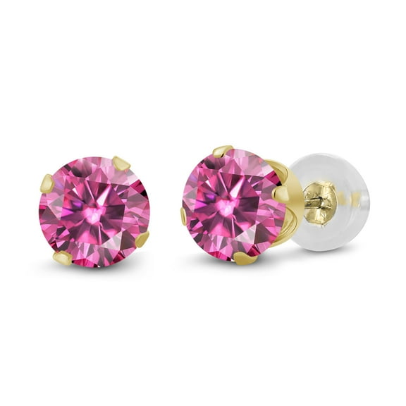 Gem Stone King 14K Yellow Gold Pink Moissanite Stud Earrings for Women Men (0.46 Cttw, Gemstone Birthstone, Round 4MM)