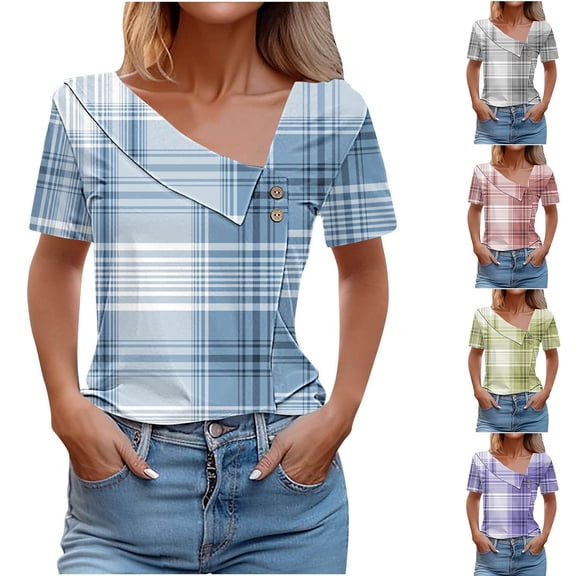 Swuxness Women Short Sleeve Casual T Shirts, Spring and Summer Tops, Ladies V-Neck Printed Button Comfortable Fashion Loose Pullover Tee Watermelon Red, XXL