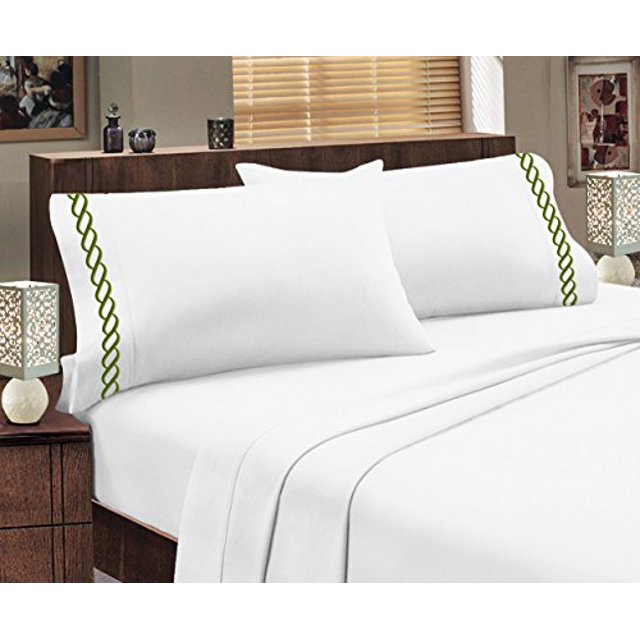 Greek Design Ultra Soft Egyptian Comfort Embroidery Sheet Set (Queen, White & Lime Green)