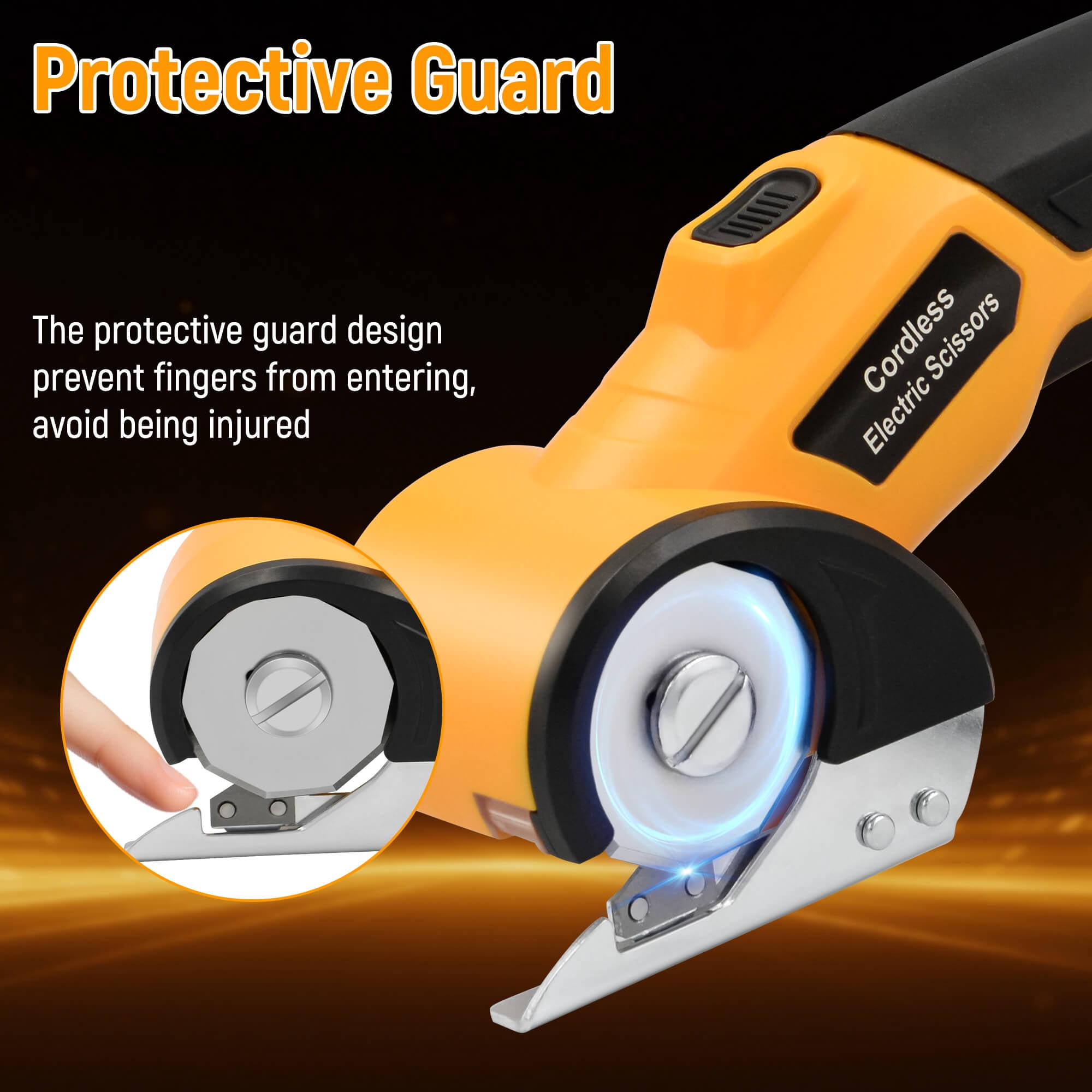 Cordless Electric Scissors, 4V Rechargeable Cardboard Cutter with LED Light ＆ Safety Lock for Fabric, Carpet, Leather, Plastic... (Yellow)