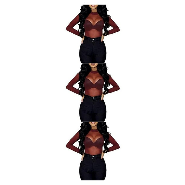 Sonducket Camiseta básica de mujer Sexy de manga larga transparente para mujer camiseta cuello lavable Tops para primavera negro S Type5 NO5 Sonducket CBP196771