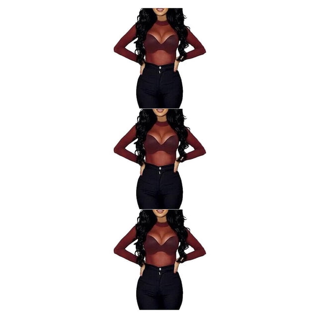 maskred Chemise de Base Femme Manches Longues Élastique Transparent T-shirt Col Rond Hauts Vêtements pour Printemps Été Rouge Vin G 3ensemble