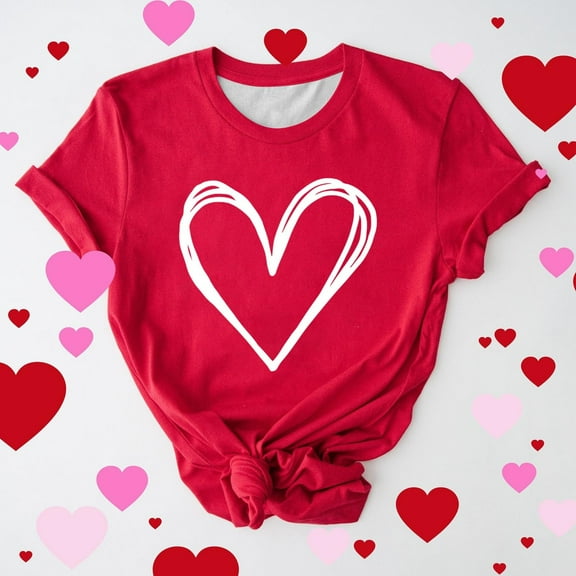 Otvok Ladies Valentine'S Day Printed Casual Pullover Round Neck Short Sleeved Tops