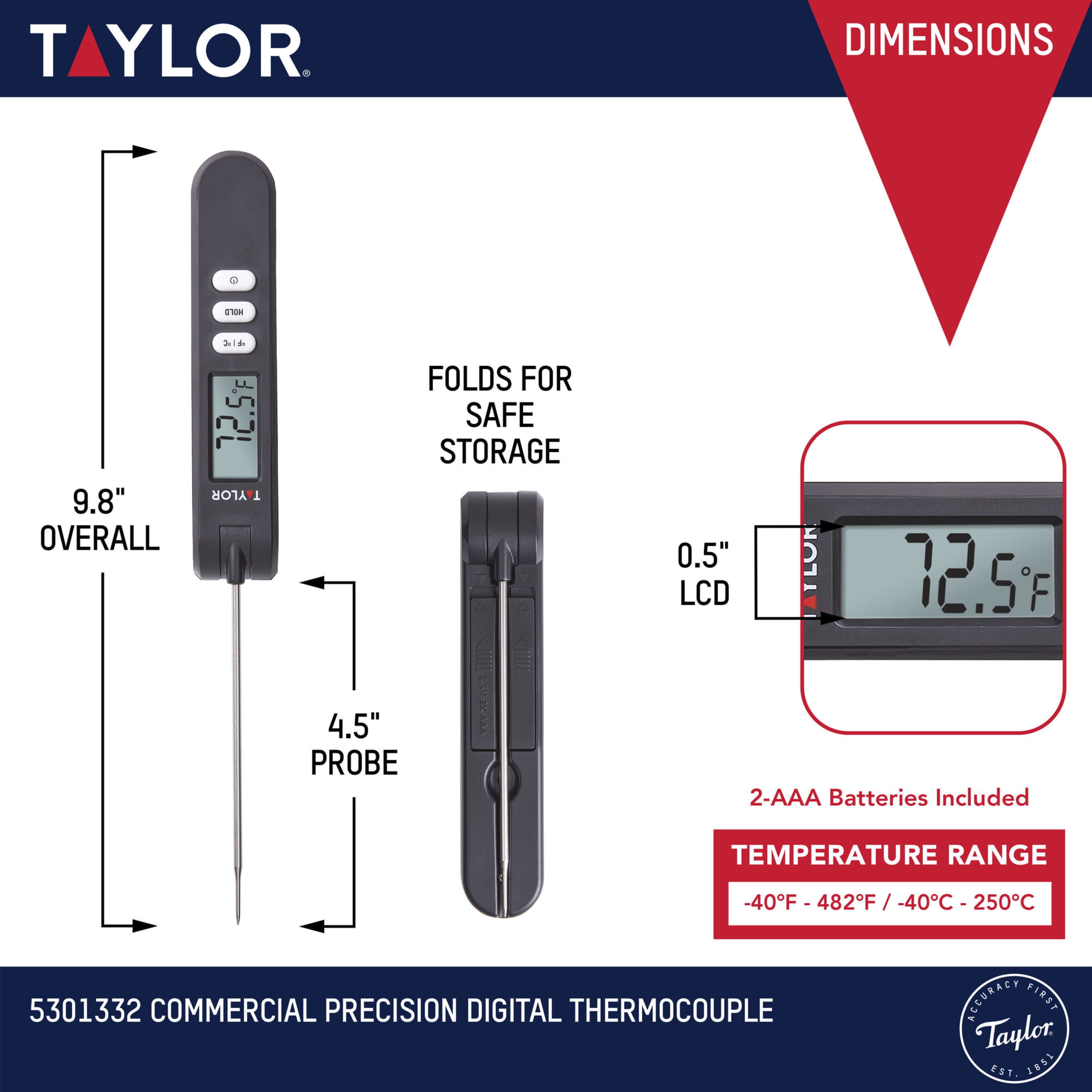 Taylor 5296651 Type-K Digital Thermocouple Thermometer with Rotating Display