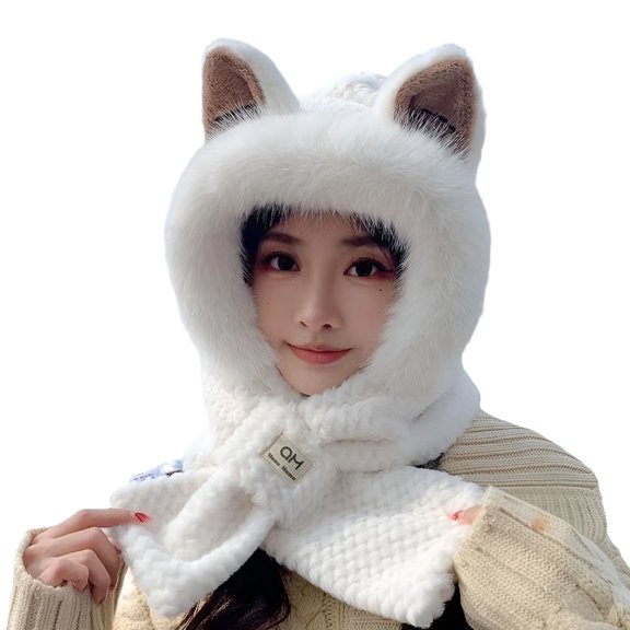 TELOLY Cute Ears 2 in 1 Hat and Scarf Ear Scarf Hat Beanie Hat Scarf Combo Hood Combines A Hat for Women,Cute & Sweet Bomber Hats White