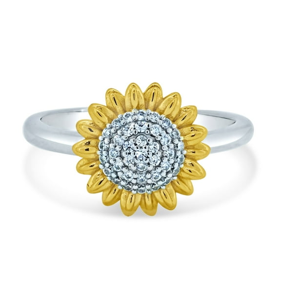 925 Sterling Silver Rhodium Gold Plated Cubic Zirconia Sunflower Ring White Jewelry Female Size 9