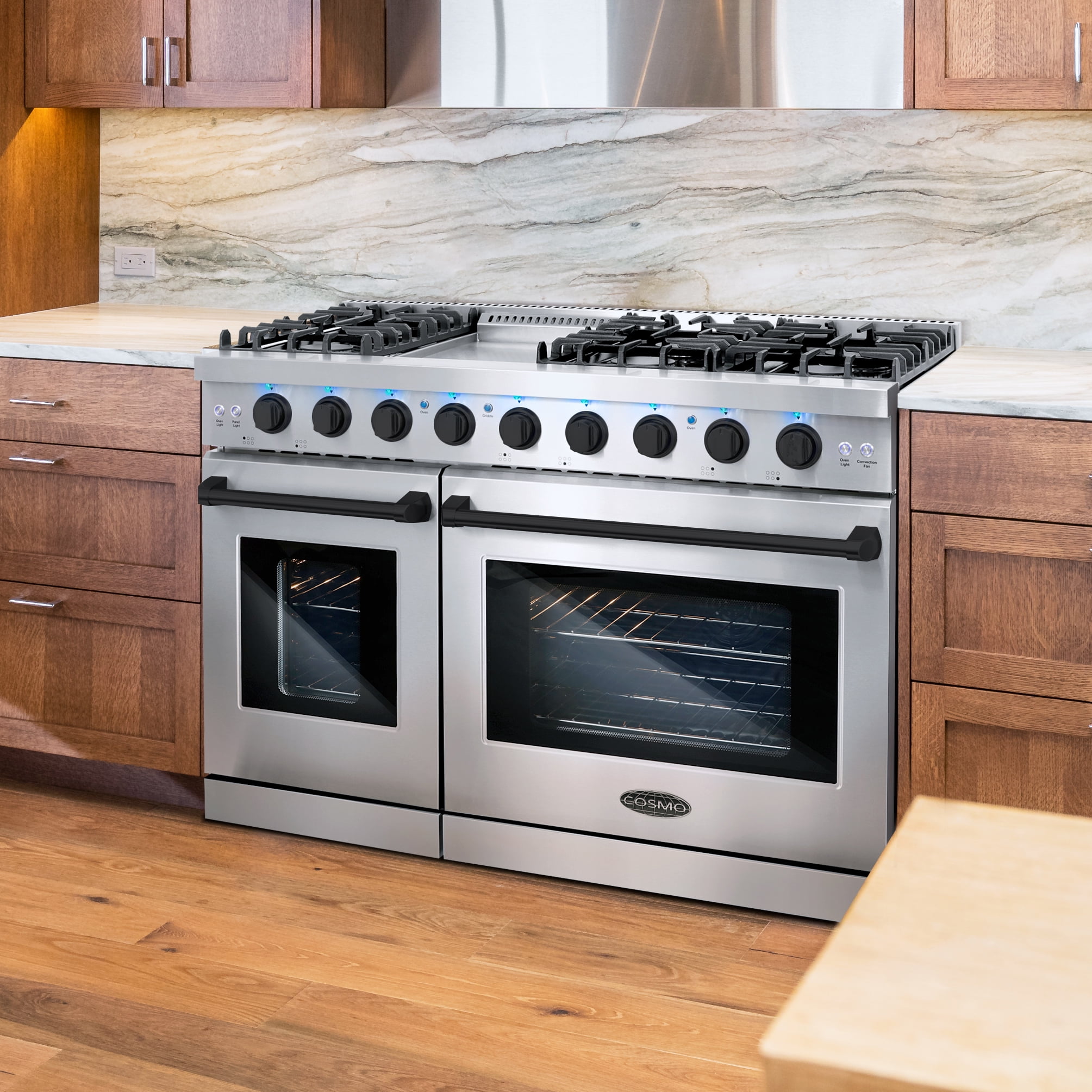 48 in. 7 cu. ft. Double Oven Gas Range, 6 Burners, Griddle, Convection, Knob LEDs, Stainless Steel, Matte Black Handle Knob Kit