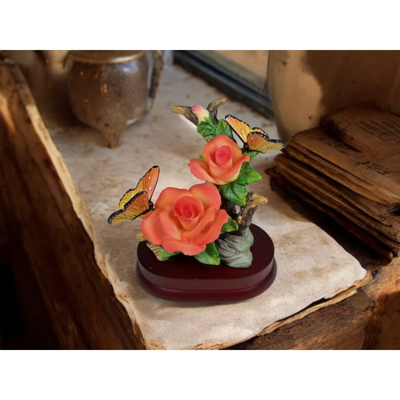 Ceramic Rose Flowers with Butterflies on Wooden Base Figurine, Home Decor, Gift for Her, Gift for Mom