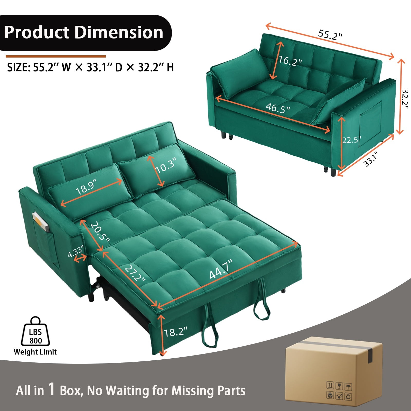EPOWP 3 in 1 Folding Convertible Sofa Bed,55'' Pull Out Couch Bed with Side Pocket,Velvet Fabric Loveseat Sleeper Sofa with Adjustable Backrest,Easy Assembly,Perfect for Living Room,Green
