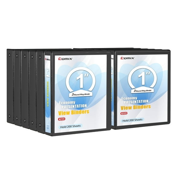 Comix Premium 1 inch 3 Ring Binder, 1" O-ring, 250-Sheet Capacity,Office Supplies,12 Pack Black