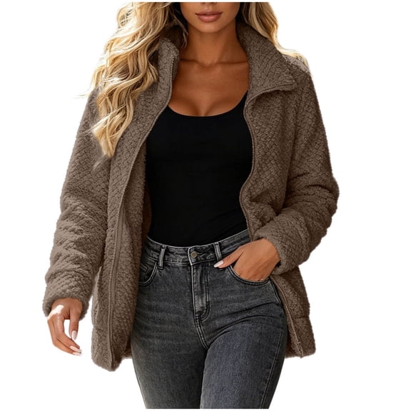 AKOEE Winter Jackets for Women Sherpa Fleece Soft Warm Full-Zip Lapel Collar Plush Pockets Outerwear Coat (XL, Brown)