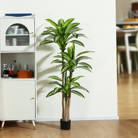 Artificial Plants, 5ft Dracaena Tree Faux Plants Indoor Outdoor Decor Fake Tree in Pot Slik Plants for Home Decor Office Living Room Porch Patio Perfect Housewarming Gift