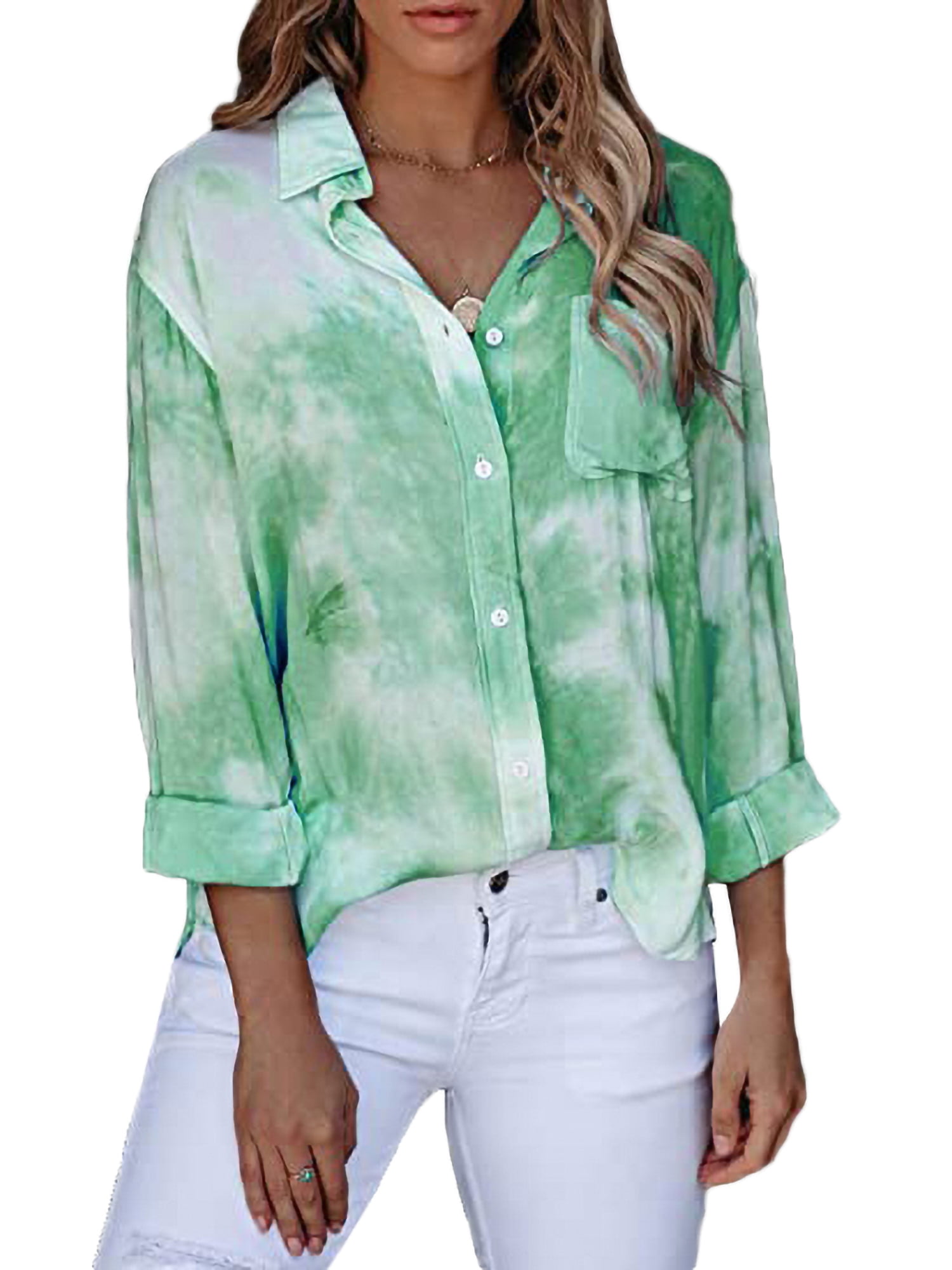 Womens Long Sleeve Tie Dyeing Gradient Tops Round Neck Loose Shirts Blouse with Pocket 