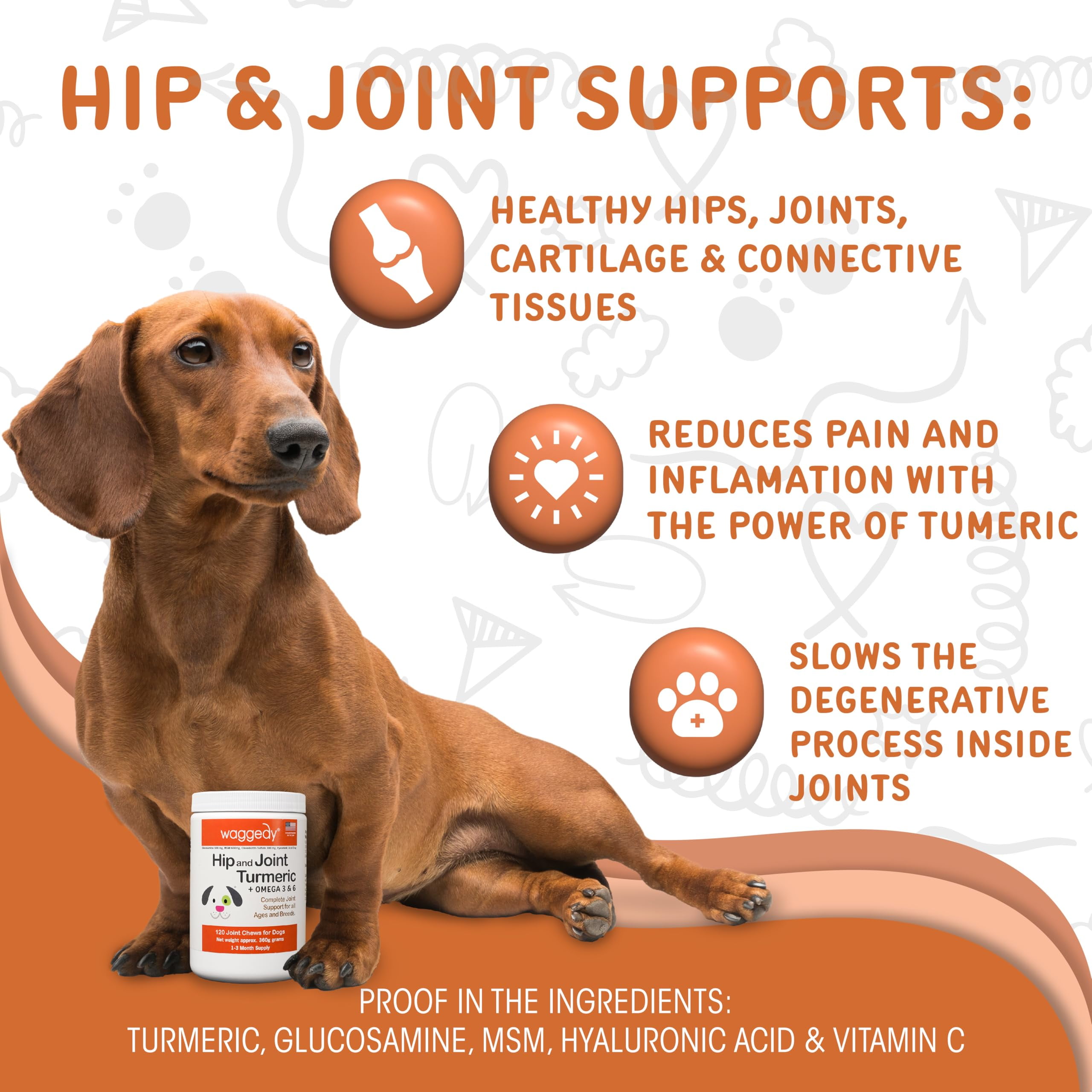 waggedy Hip and Joint Chews for Dogs with Turmeric, Glucosamine & MSM (120 Chews)