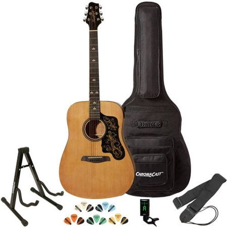 - Sawtooth Acoustic Guitar with Padded Case, Tuner, Stand, Strap & Picks - Dreadnought Folk Guitar
