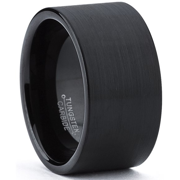 Tungsten Carbide Men's Flat Top Black Brushed Ring Band, 12 mm Comfort Fit