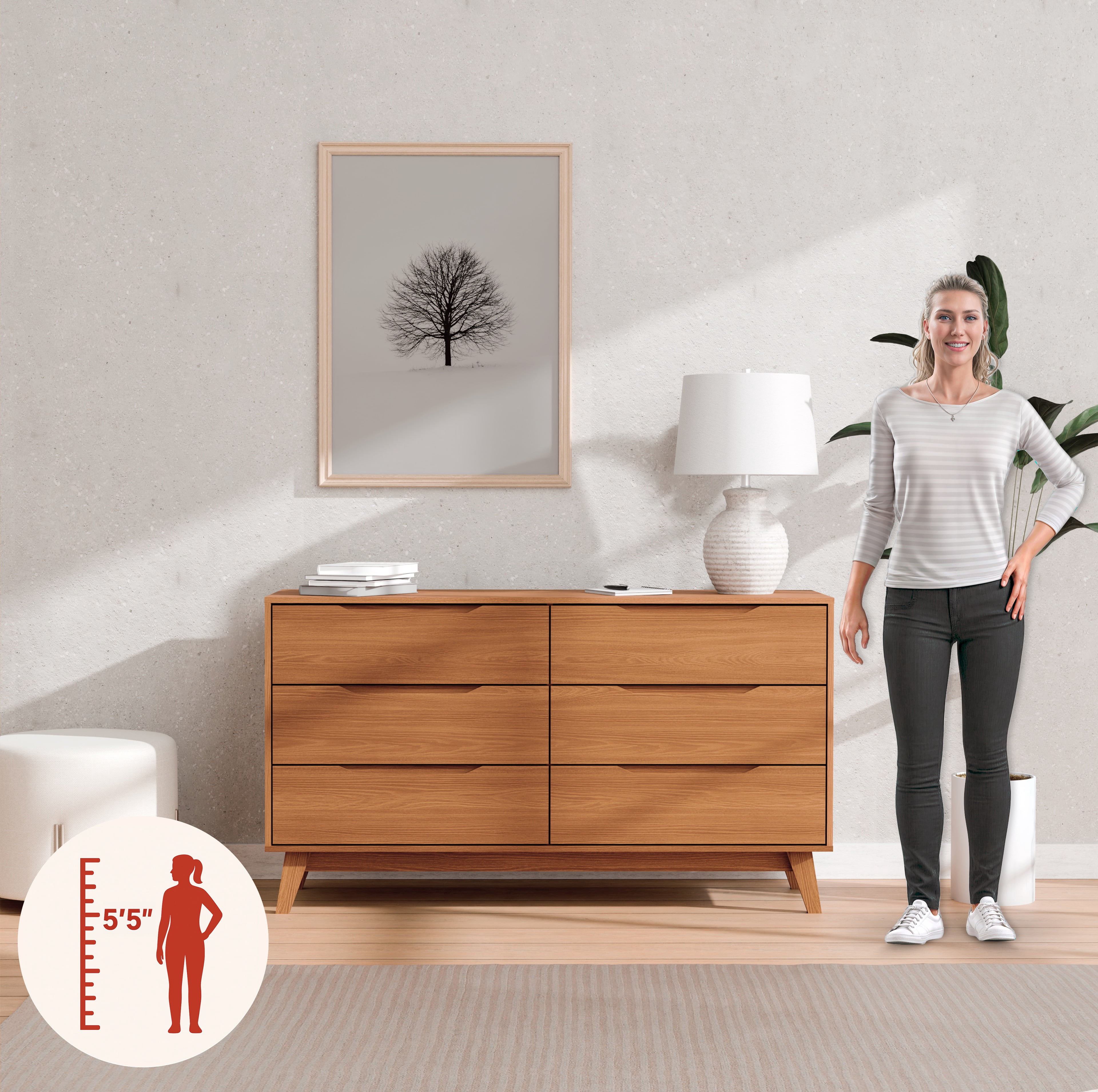 Kappesberg Rio 6-Drawer Dresser with Built-in Handles and Telescopic Slides - Golden Oak - for Adults and Teens