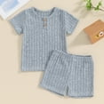 thumbnail image 2 of Okbabeha Toddler Baby Boy Summer Clothes Solid Short Sleeve Ribbed Button T-shirt Top Shorts 2Pcs Casual Outfit, 2 of 7
