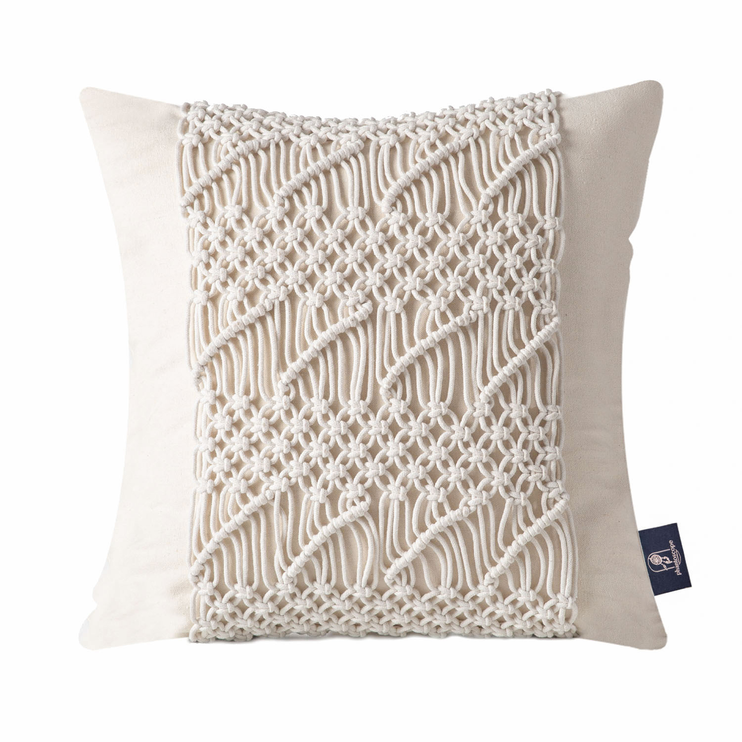 Phantoscope 100% Cotton Handmade Crochet Boho Series with Invisible Zipper Throw Pillow, 18" x 18", Off White, 1 Pack