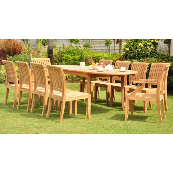 Teak Dining Set:10 Seater 11 Pc - 94" Double Extension Oval Table 8 Armless and 2 Lagos Arm / Captain Chairs Outdoor Patio Grade-A Teak Wood WholesaleTeak #WMDSLGa
