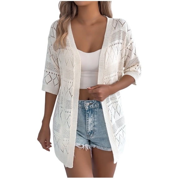 Women's Cardigan Casual 3/4 Sleeve Knitted Jacket Crochet Open Front Shrugs Sweater for Spring Summer Wear