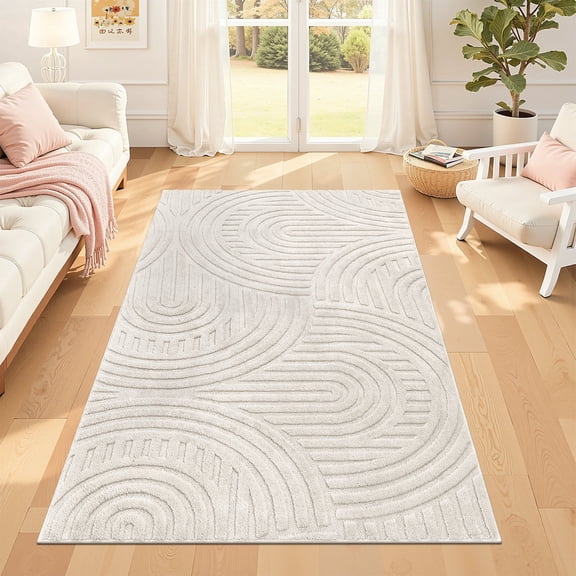 MeyJey 3’x5’ Area Rugs for Living Room, Machine Washable Jacquard Textured Modern Non Slip Rugs, Soft Geometric Rug for Bedroom Dining Room Office, Beige