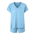 thumbnail image 6 of Womens Loungewear Sets 2 Piece Outfits Women's Casual Short Sleeve Set V Neck Side Split T-Shirt Tops with Elastic Waist Shorts, Soft Breathable Daily Wear Sports Outfits Light Blue L, 6 of 6