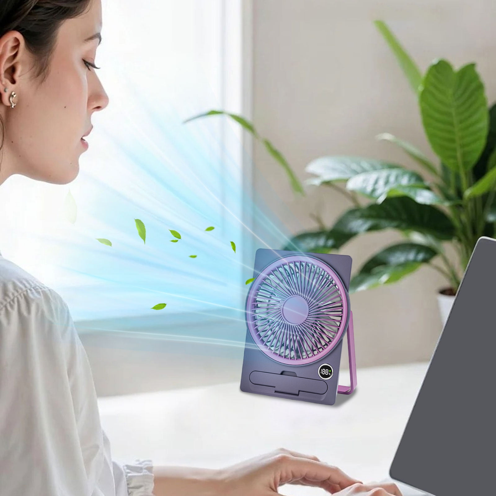 Yhmxh Small Desk Fan, 5 Speeds Adjustable Quiet Portable Rechargeable USB Fan With Digital Display, 180° Summer Wall-Mounted Fans for Home Office Kitchen Travel Outdoor (Purple)