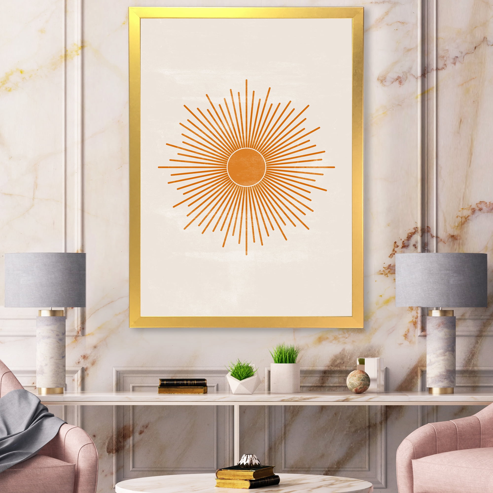 Designart 'Orange Sun Print On Beige II' Modern Framed Art Print