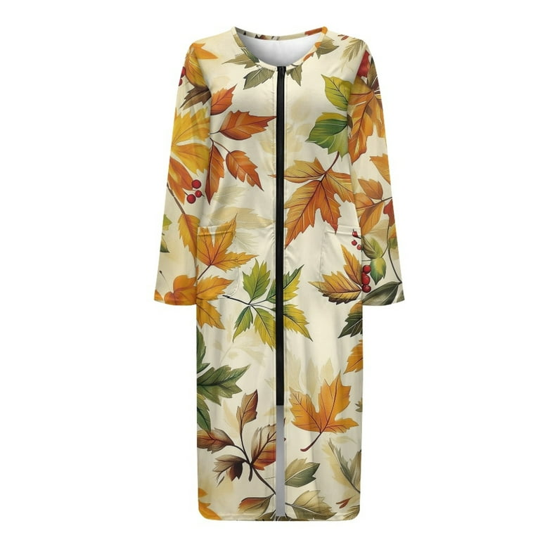 ForUDesigns for U Designs Maple Leaf Pattern House Dresses for Women Zip Up House Dresses for Older Women, Breathable Long Sleeve Duster Robe Sleep