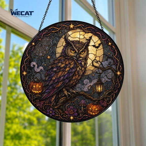Suncatcher Owl Halloween Stained Glass Style Window Hanging for Spooky Seasonal Decor