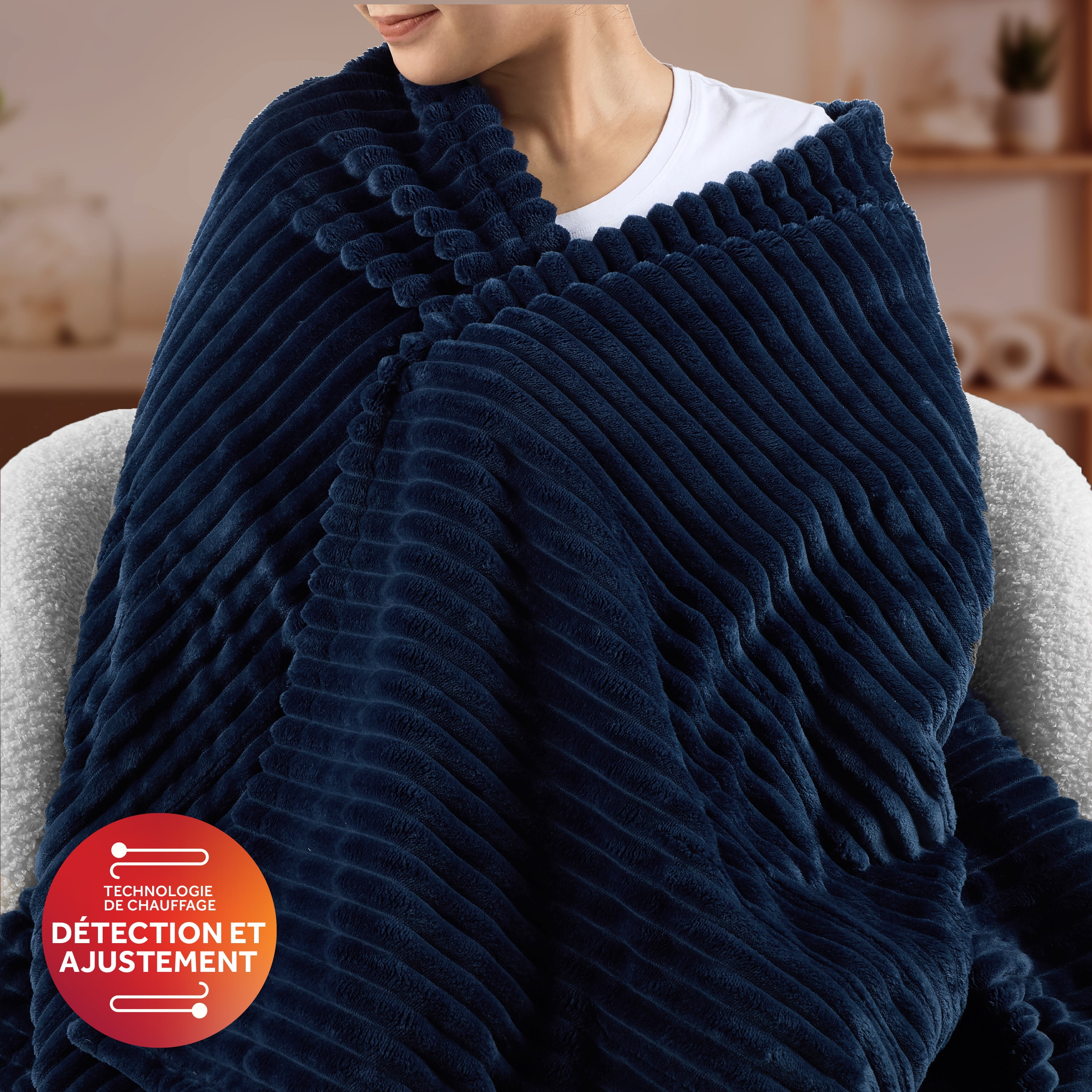 Jeté chauffant extra long en velours côtelé bleu intense quatre réglages de chaleur, arrêt automatique, 127 cm x 177,8 cm (50 po x 70 po) SUNBEAM JETE CHAUFFANT