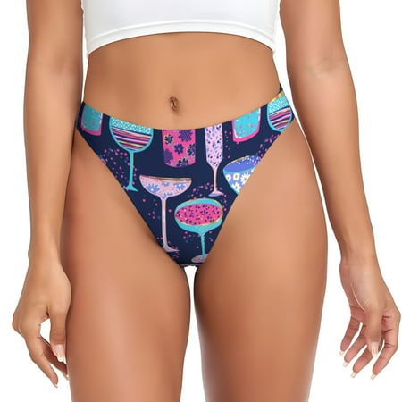Qokaie Wine Glasses And Cocktails Printed Women s Cotton Thong Underwear  Sexy Breathable Panties G-string-Large