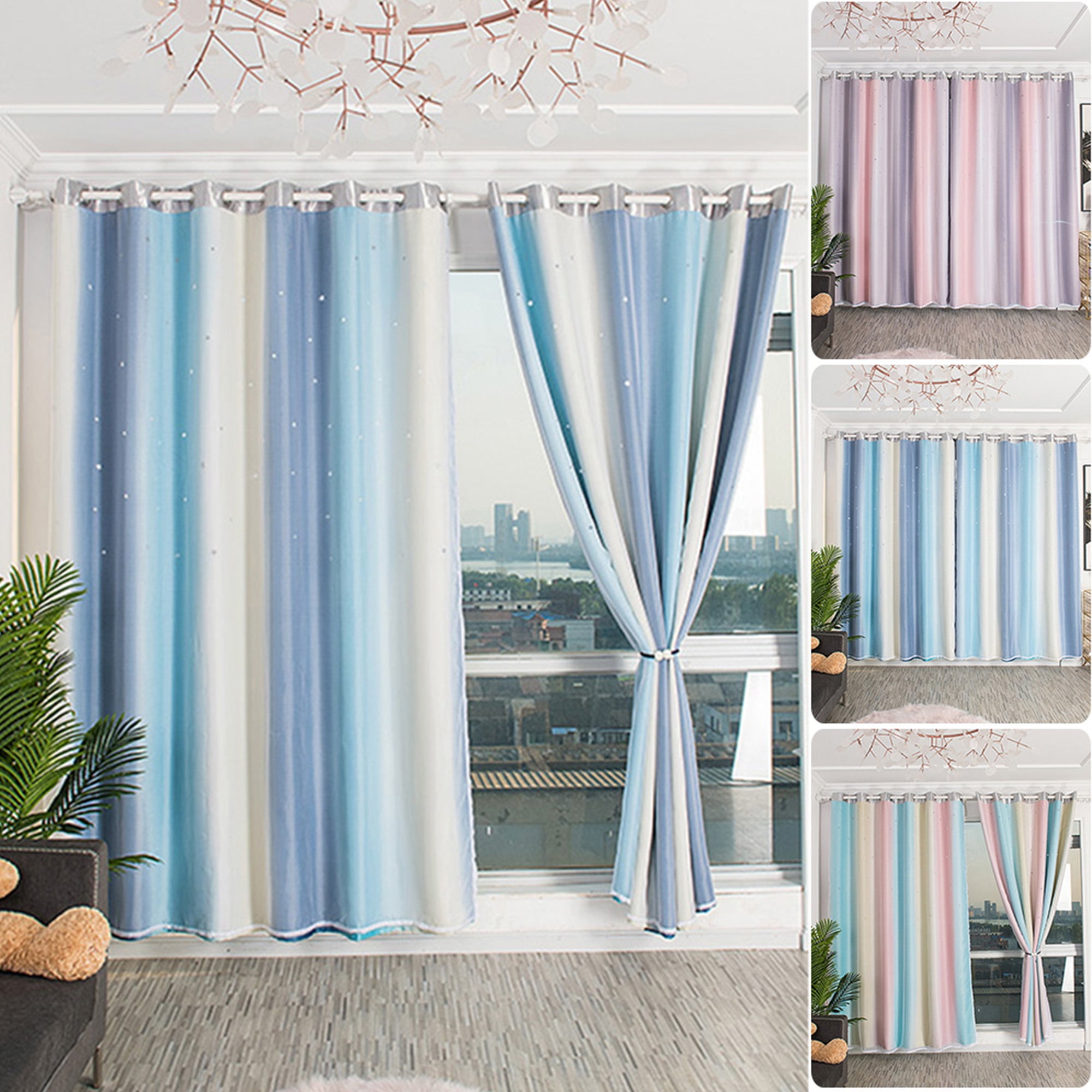 Eyelet Gradient 2 Layer Blackout Curtains + Mesh Starry Hollow-Out