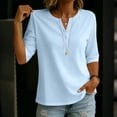 thumbnail image 2 of Womens Elbow Length Sleeve T-Shirts V Neck Buttons Tops Solid Color Loose Fit Summer Shirts M, 2 of 5