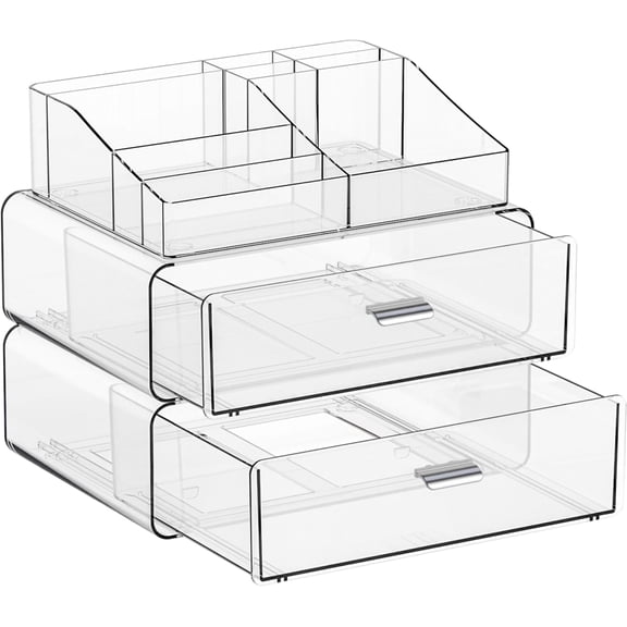 3 Tier Clear Acrylic Makeup Organizers with Drawers,Tiered Countertop Make up Storage Organizer for Dresser Top and Bathroom Vanity,Plastic Makeup Stand for Brush,Skincare,Beauty Organizers