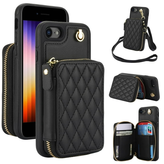 Crossbody Wallet Case for iPhone SE 2022 7 8, RFID Blocking Zipper Handbag Purse Flip Cover, Kickstand Folio Case Card Slots Holder Wrist Strap Lanyard
