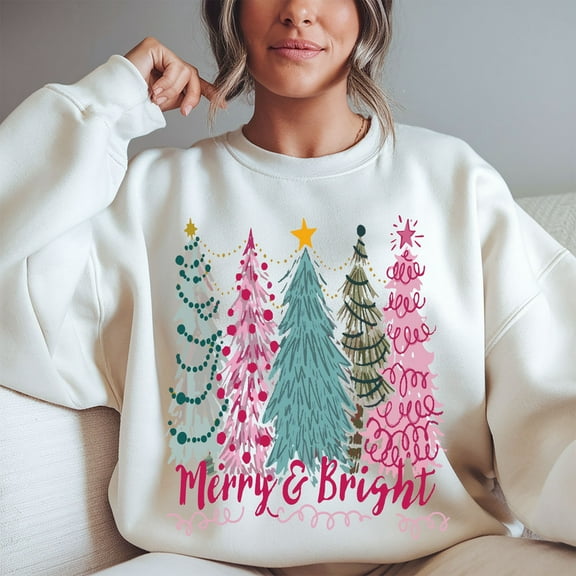 Merry & Bright Christmas Tree Sweatshirt, Holiday Graphic Pullover, Festive Winter Crewneck, Gift for Her or Him