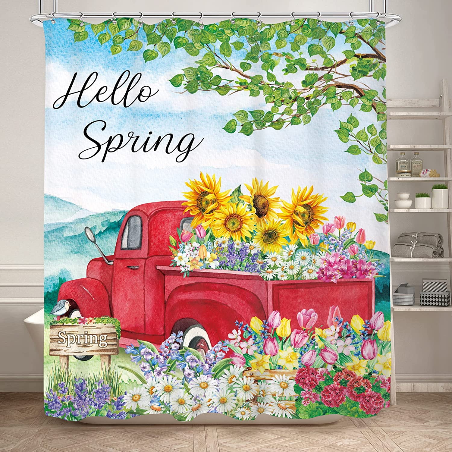 SPXUBZ Hello Spring Red Truck Shower Curtain for Bathroom Decor 72x72