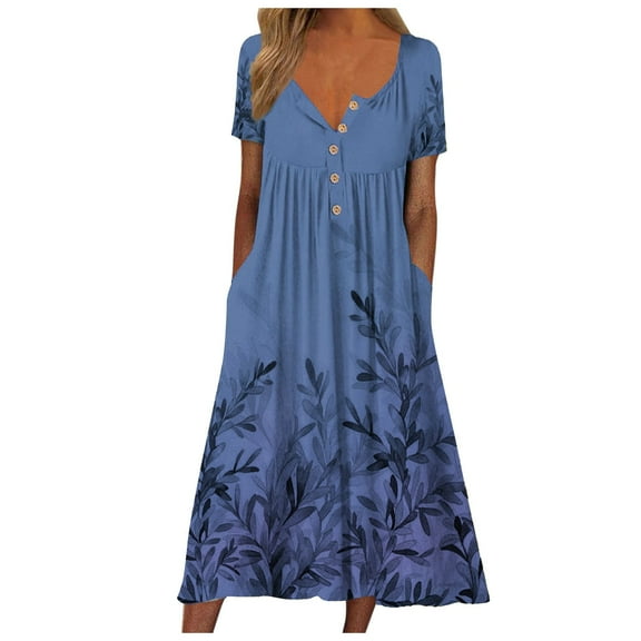 PEASKJP Women Summer Short Sleeve Midi Dress with Pockets Casual Aline Flowy Tshirt Dress Floral Vocation Beach Sundress,Purple M