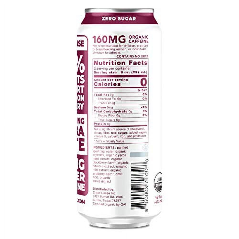 Berry Mint Organic Sparkling Yerba Mate Tea Zero Calorie Zero Sugar Zero Guilt 160mg Caffeine 16oz cans 12 pack CLEAN Cause 50 Profits Support Alcohol Drug Addiction Recovery