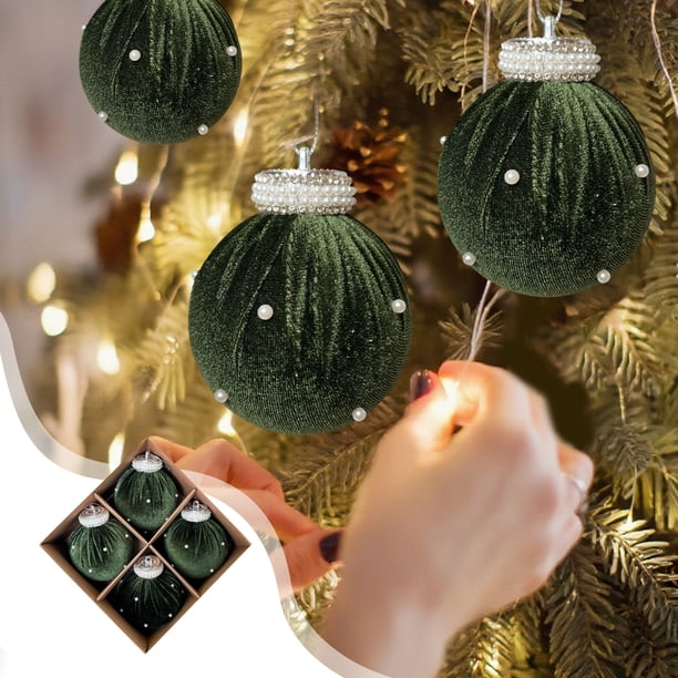 Paquete de 4 Adornos Navideños con Pompones de Perla | Material Flocado | Bolas Blancas, Verdes y Rojas | Ligeras y Fáciles de Colgar | Decoración Festiva para El Árbol de Navidad para El Hogar, La O