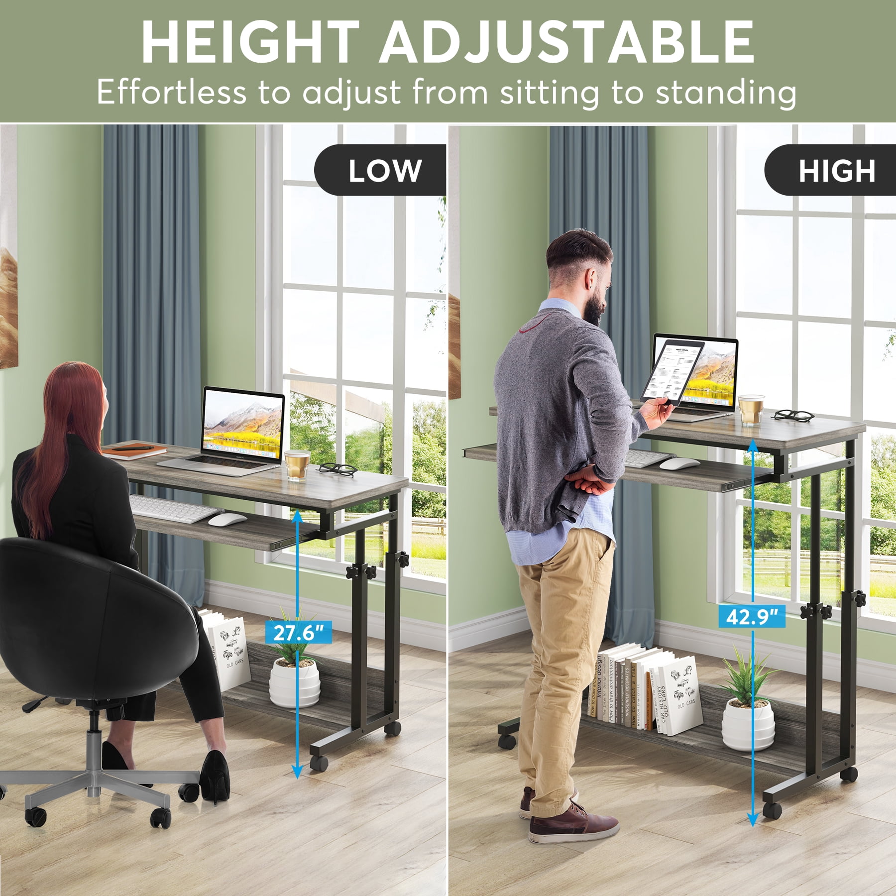 Fnova Height-Adjustable Desk with Wheels, Rolling Computer Cart with Keyboard Tray, Portable Laptop Small Standing Desk for Sofa, Bed, Home Office