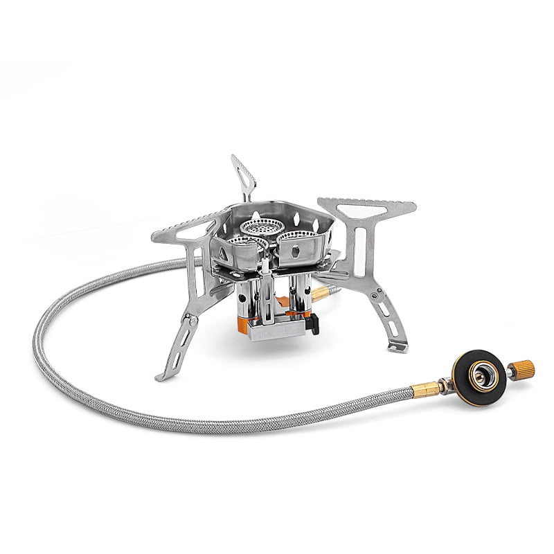 Windproof Camp Stove Camping Gas Stove with Fuel Canister Adapter, Piezo Ignition, Portable Collapsible Stove Burner for Outdoor Backpacking Hiking and Picnic