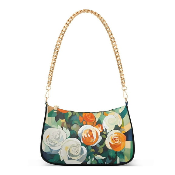 Womens Chain Shoulder Bag Roses Flowers Abstract Classic Tote Handbags Fashion Clutch Hobo Purse with Zipper for Travel Casual