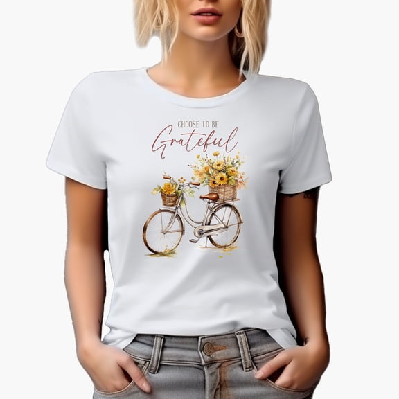 Choose to Be Grateful with Watercolor Bicycle & Flowers in Baskets Art Merch Gift, White T-Shirt, Small