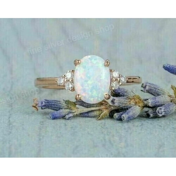 Oval Cut Lab-Created Diamond Solid Opal Wedding Ring 14K Rose Gold Plated sterling Silver Ring- October Birthstone- Engagement Ring