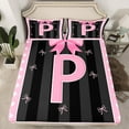 thumbnail image 2 of Manfei Monogrammed P Sheet Set Twin,Ribbon Bowknot Bedding Sets Twin Size,Pink Black Twin Sheet Sets,Microfiber Room Decorative,3-Piece, 2 of 7