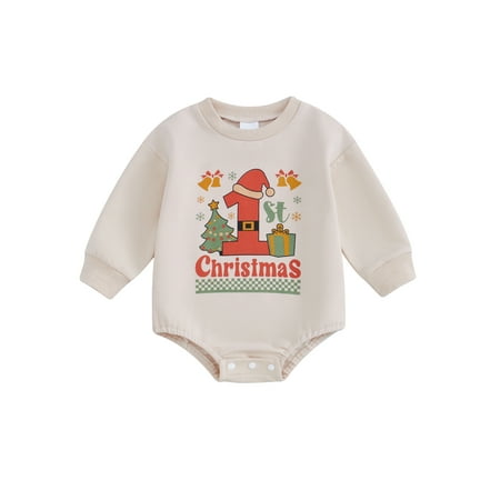 

Lesimsam Baby Christmas Romper 3M 6M 12M 18M Long Sleeve Crew Neck Letter Print Bodysuit Newborn Playsuit Infant Clothing