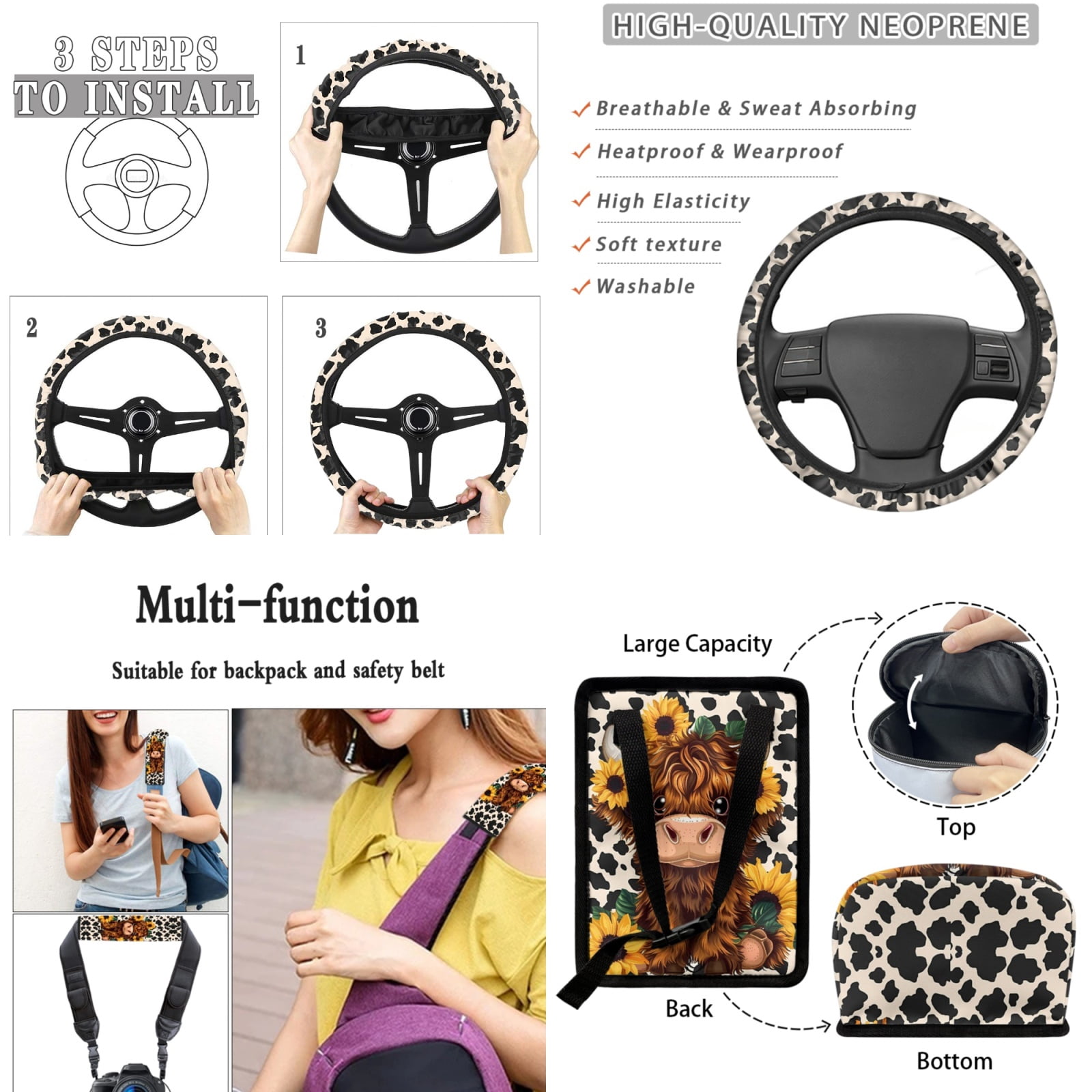 Yuyamidu Highland Cow Car Seat Cover Set of 15 Cow Print Steering Wheel Cover Sunflower Seat Belt Pads Garbage Bag Air Vent Pocket Rearview Mirror Cover Cute Car Coasters Keychain